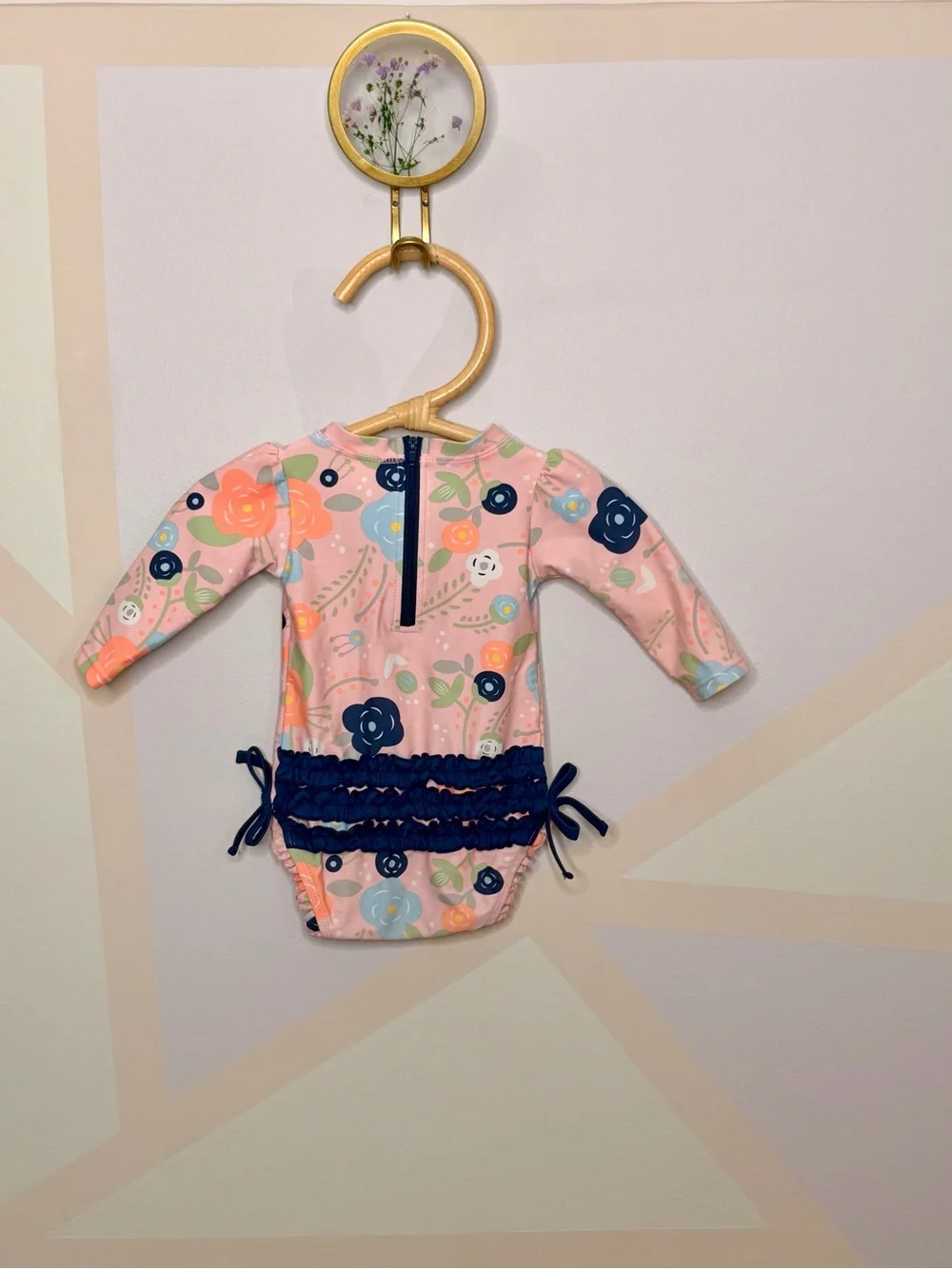 Ruffle Butts Pink Floral Long-Sleeve Swim Bodysuit with Navy Bows